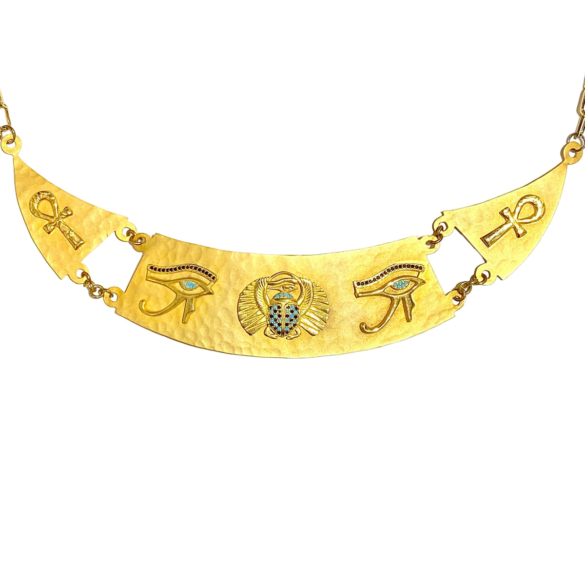 Brass Gold Plated Turquoise and Onyx Egyptian Revival-style Panel Necklace