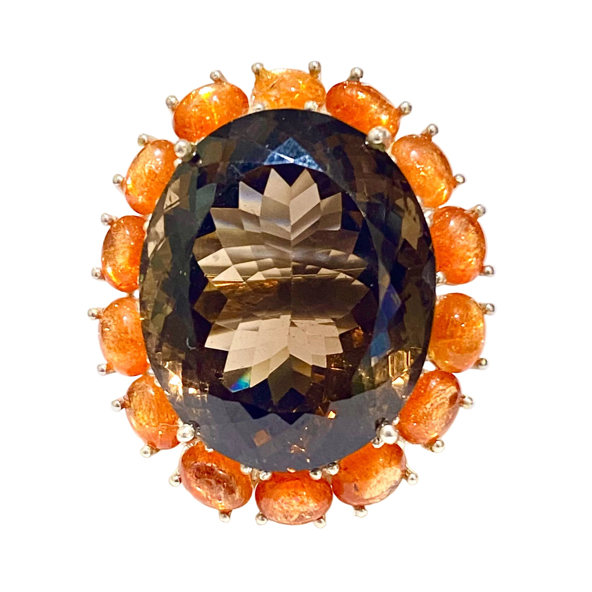 Sterling Silver Smokey Quartz and Orange Kyanite Cocktail Ring