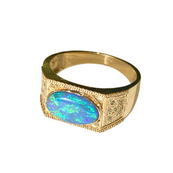 9ct Yellow Gold Solid Black Opal and Diamond Ring