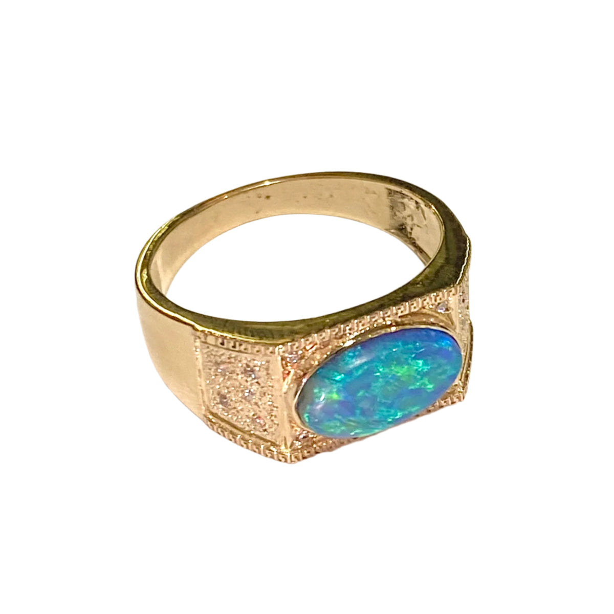9ct Yellow Gold Solid Black Opal and Diamond Ring