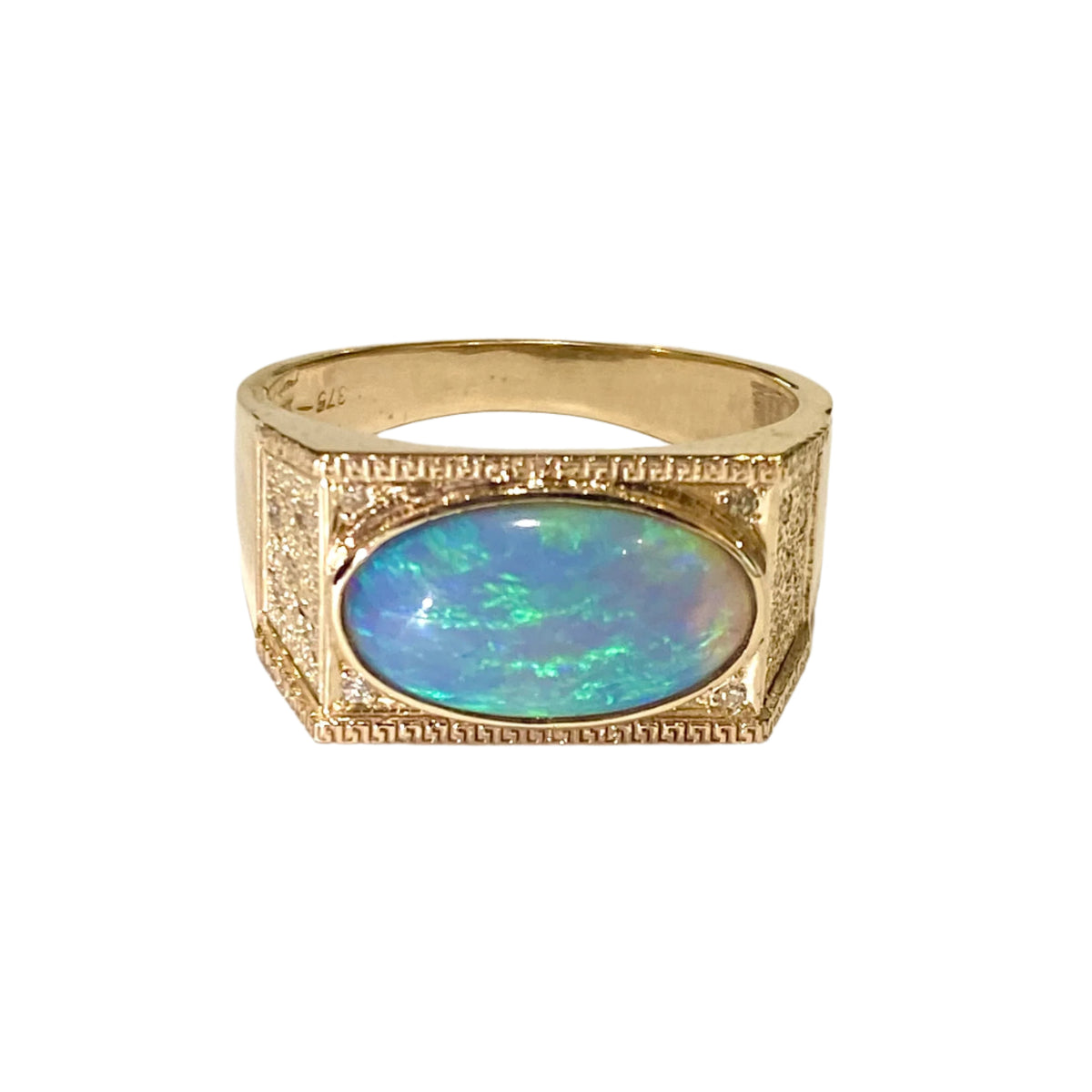 9ct Yellow Gold Diamond and Solid Black Opal Ring