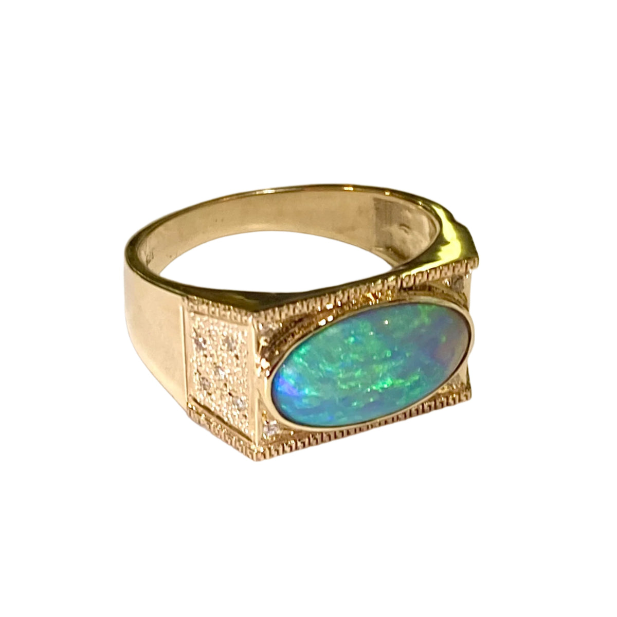 9ct Yellow Gold Diamond and Solid Black Opal Ring