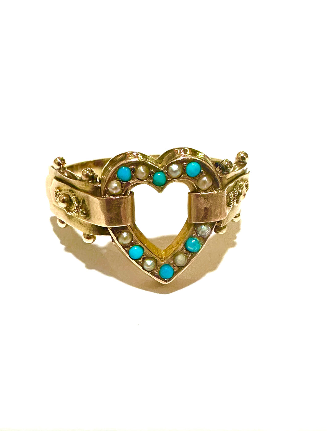 Antique 9ct  Rose Gold Turquoise and Seed Pearl Heart Ring