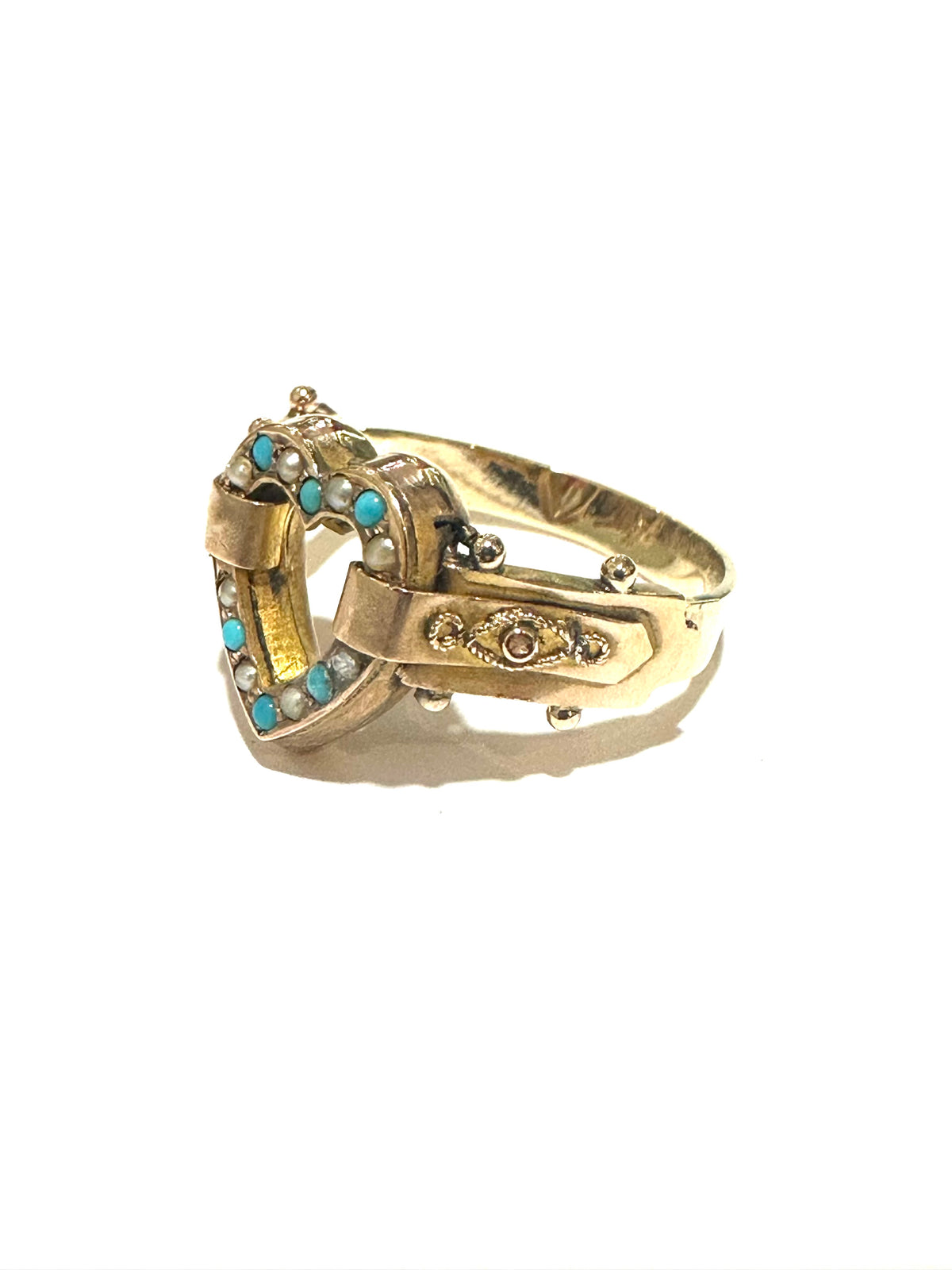Antique 9ct  Rose Gold Turquoise and Seed Pearl Heart Ring