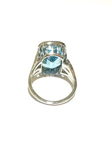 9ct White Gold Faceted Blue Topaz Art Nouveau Style Ring