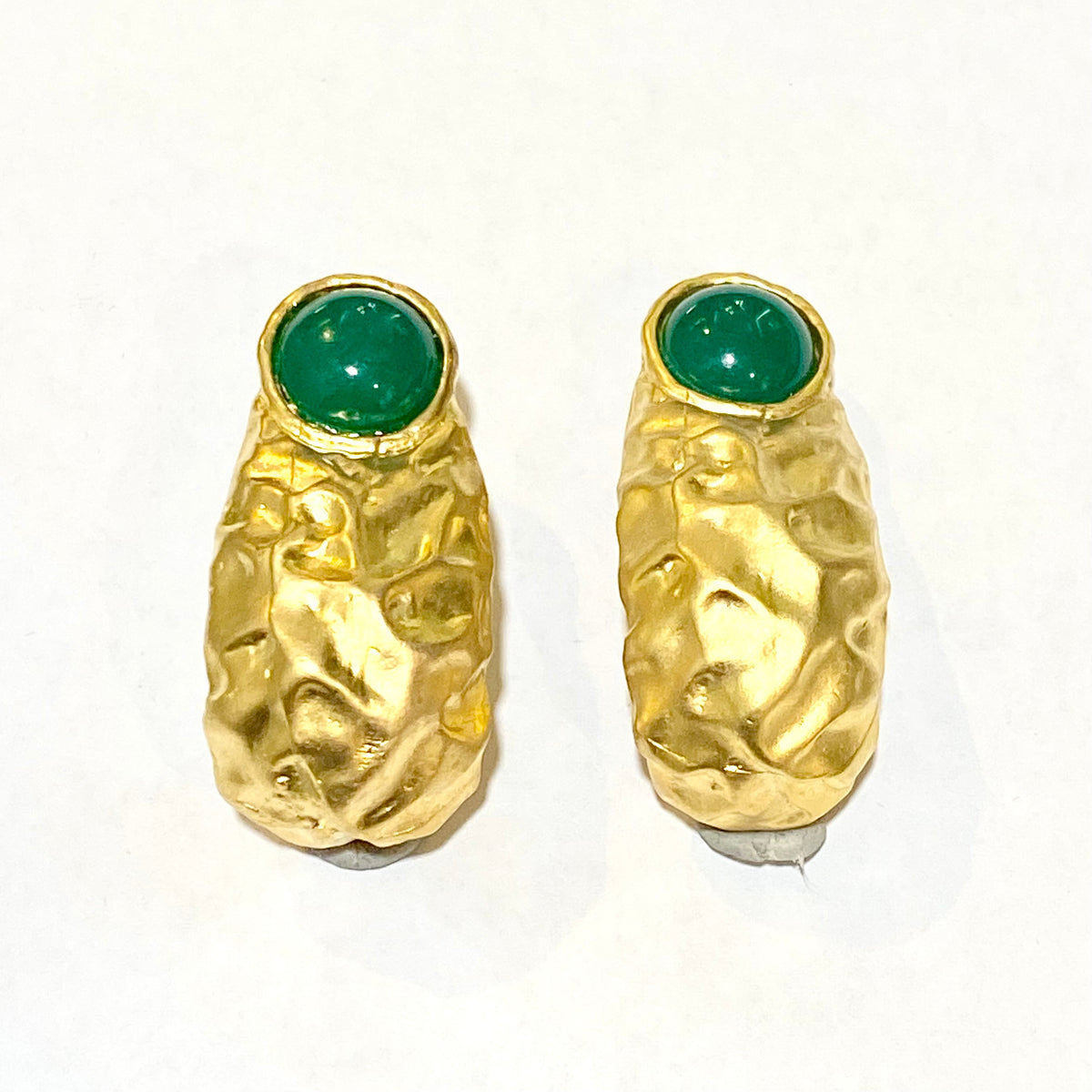 Gold Plated Green Glass Wrinkle Clip On Earrings