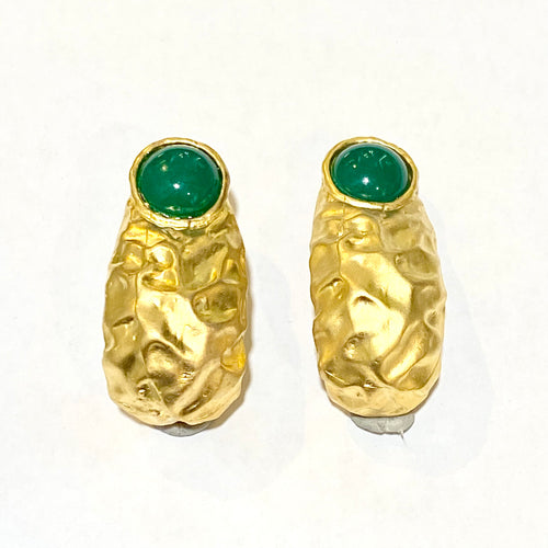 Gold Plated Green Glass Wrinkle Clip On Earrings