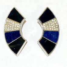 Navy Blue and Black Enamel and Crystal Clip On Earrings