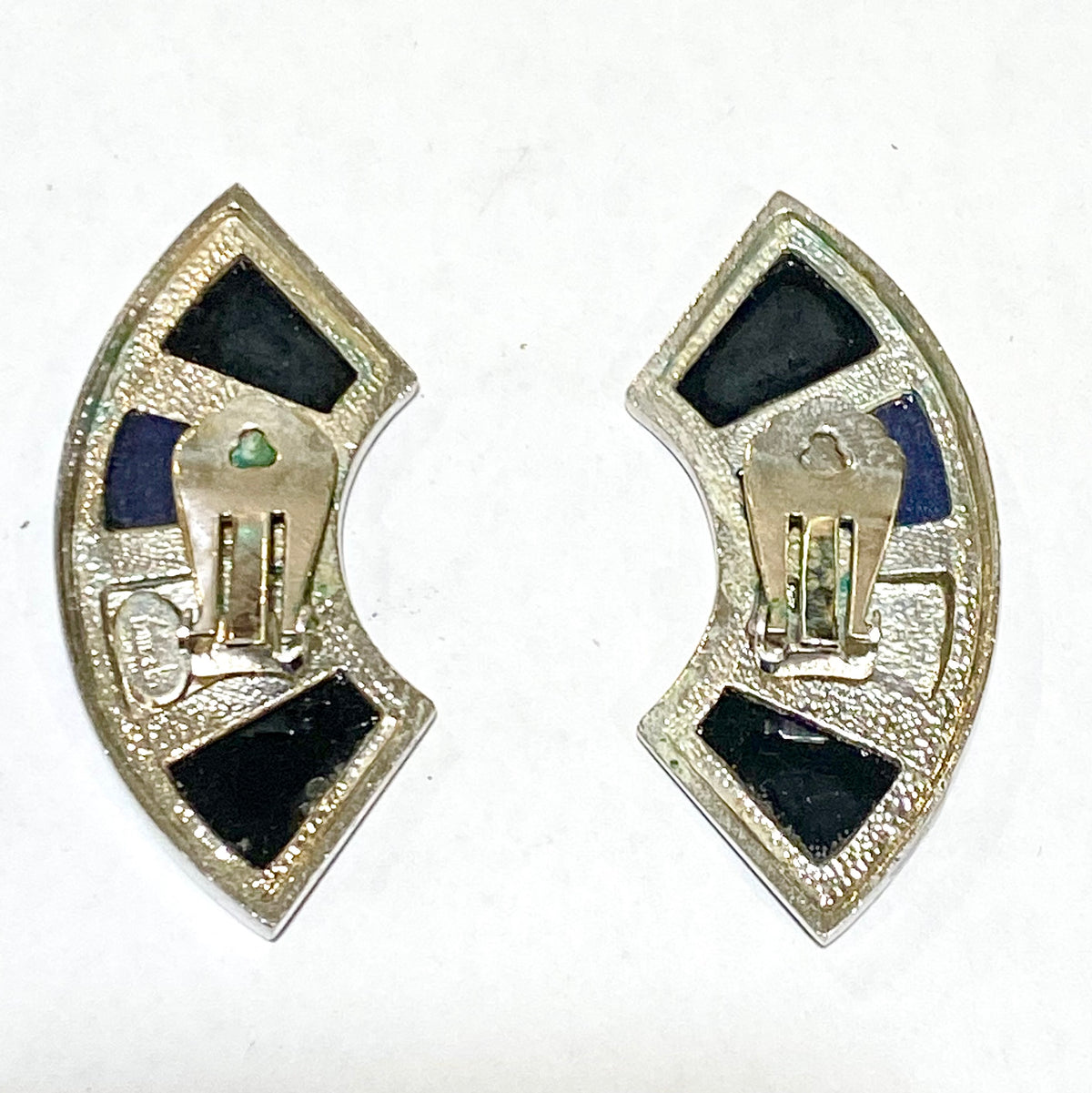 Navy Blue and Black Enamel and Crystal Clip On Earrings