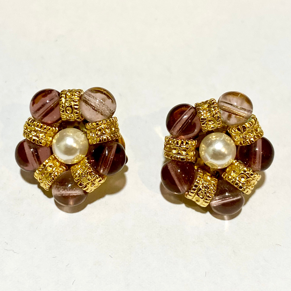 Pearl, Brown Glass and Gold Plated Beaded Clip On Earrings