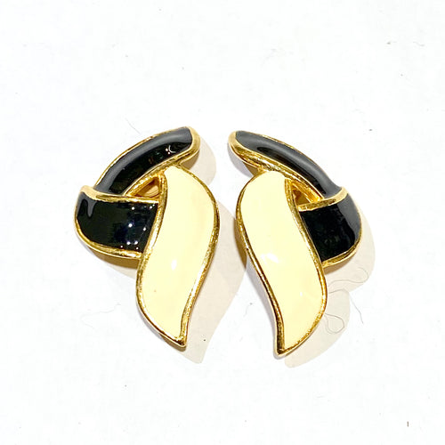 Vintage Cream and Black Enamel Clip On Earrings