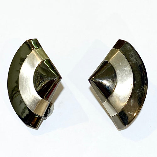 Vintage Silver and Black Enamel Clip On Earrings
