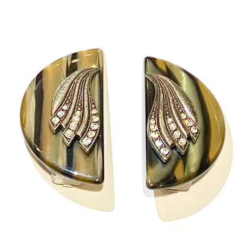 Vintage Resin and Crystal Semi-Circle Clip On Earrings
