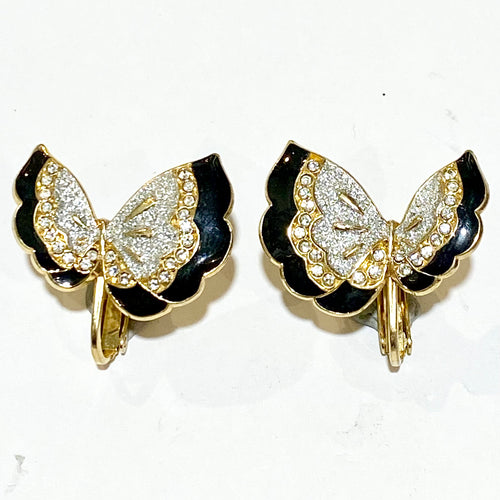 Black Enamel and Crystal Butterfly Clip On Earrings
