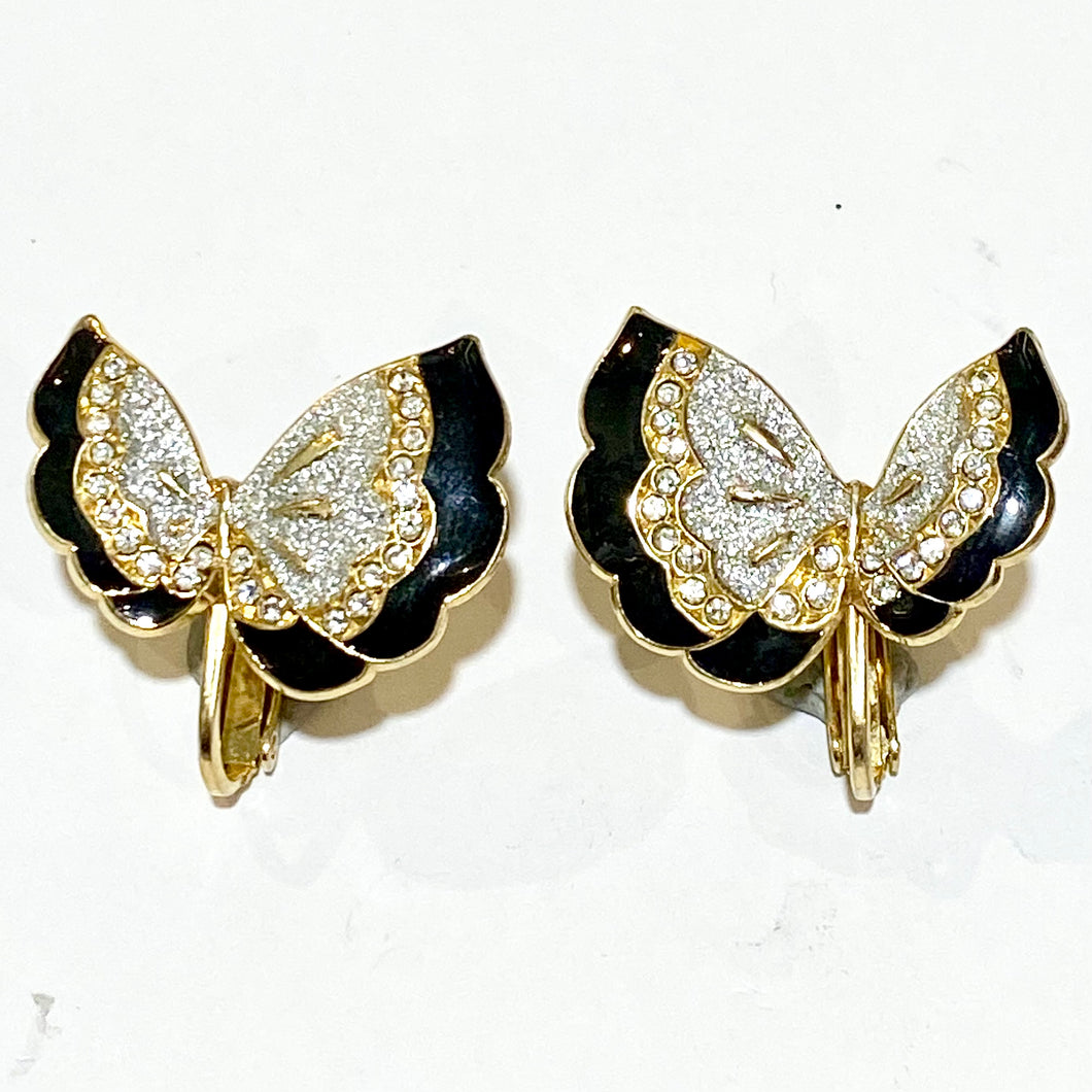 Black Enamel and Crystal Butterfly Clip On Earrings