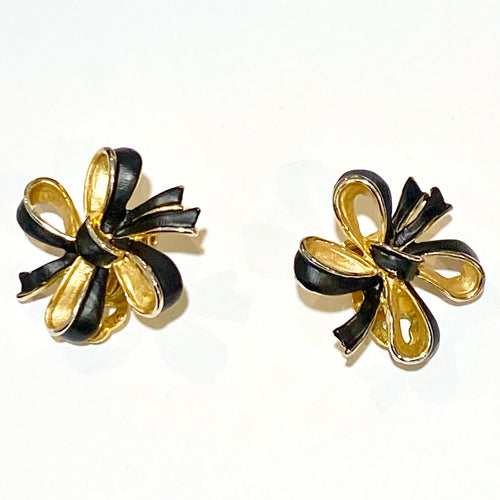 Black and Gold Ribbon Clip On Earrings
