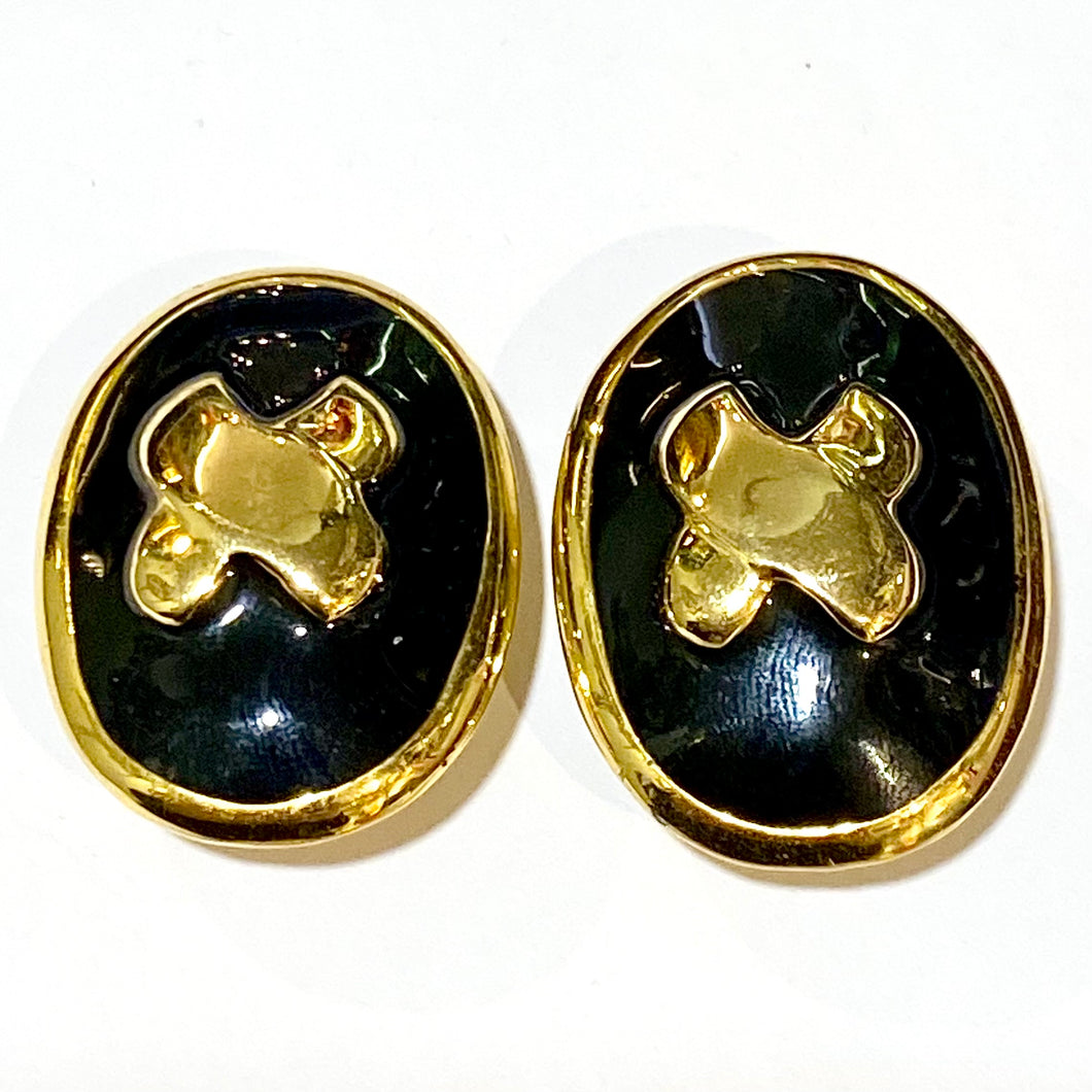 Vintage Black Enamel Costume Clip On Earrings