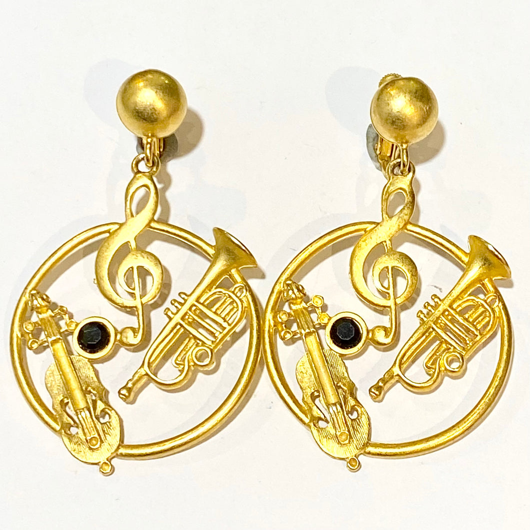 Vintage Musical Motif Hoop Clip On Earrings