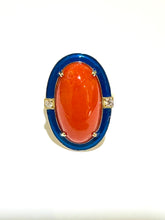 Coral, Diamond and Blue Enamel 9ct White Gold Ring