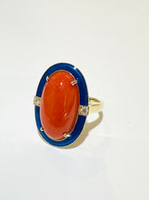 Coral, Diamond and Blue Enamel 9ct White Gold Ring