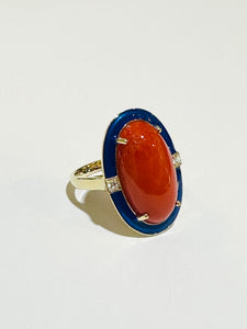 Coral, Diamond and Blue Enamel 9ct White Gold Ring