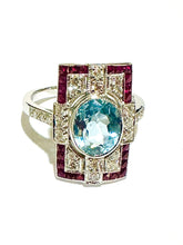 Aquamarine, Ruby and Diamond 9ct White Gold Ring