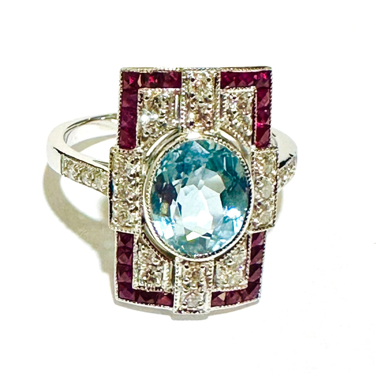 Aquamarine, Ruby and Diamond 9ct White Gold Ring
