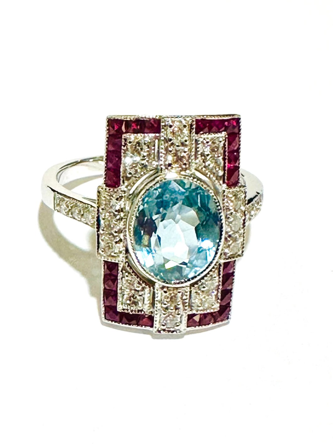 Aquamarine, Ruby and Diamond 9ct White Gold Ring