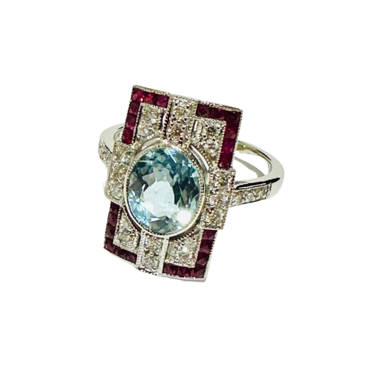 Aquamarine, Ruby and Diamond 9ct White Gold Ring
