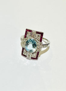 Aquamarine, Ruby and Diamond 9ct White Gold Ring