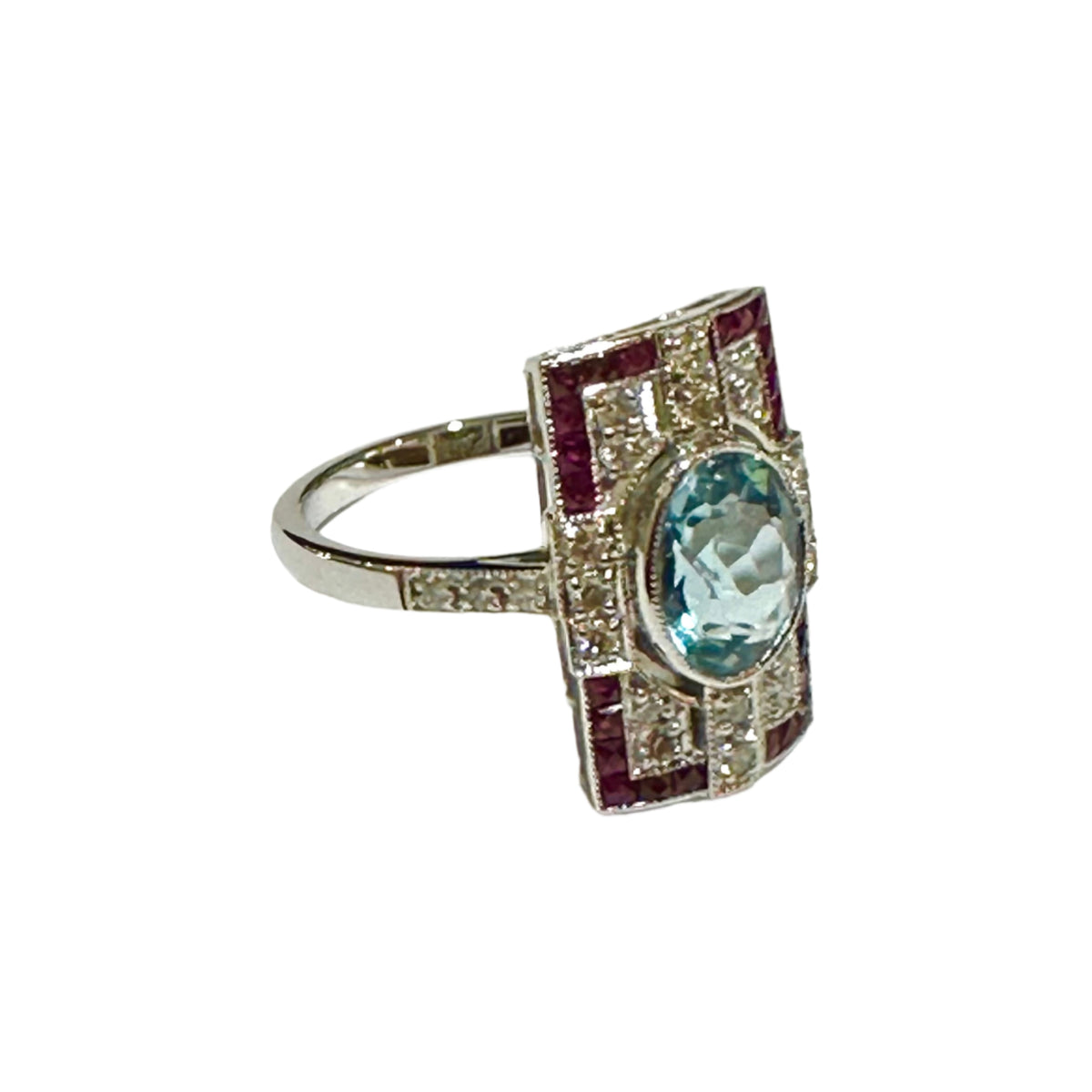 Aquamarine, Ruby and Diamond 9ct White Gold Ring