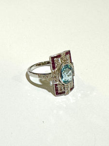 Aquamarine, Ruby and Diamond 9ct White Gold Ring