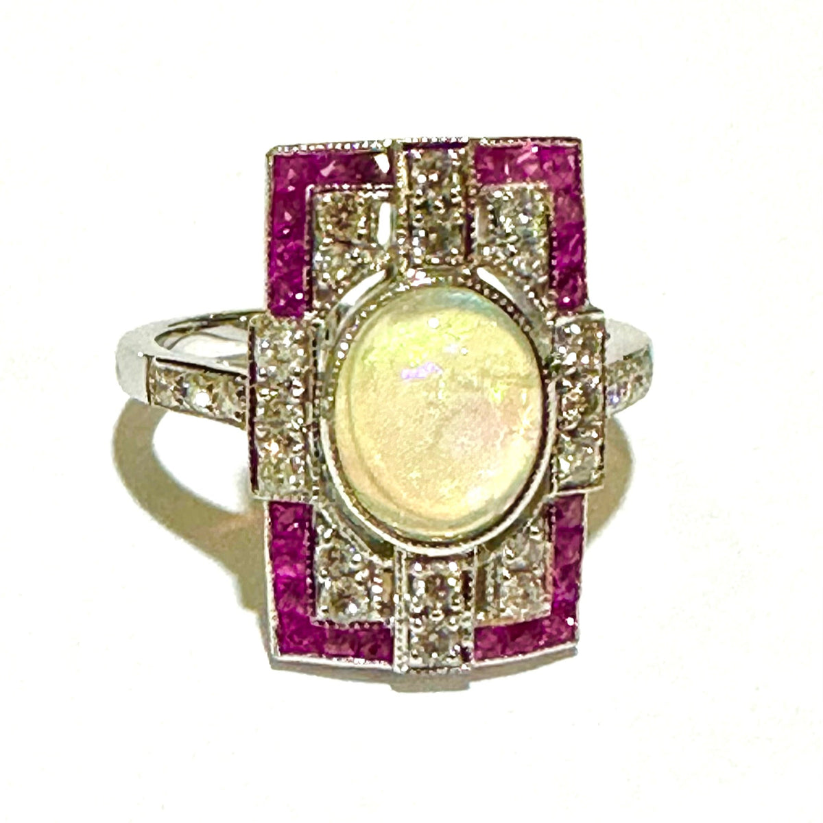 Opal, Ruby and Diamond 9ct White Gold Ring