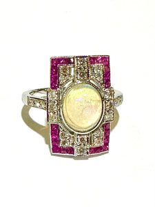 Opal, Ruby and Diamond 9ct White Gold Ring