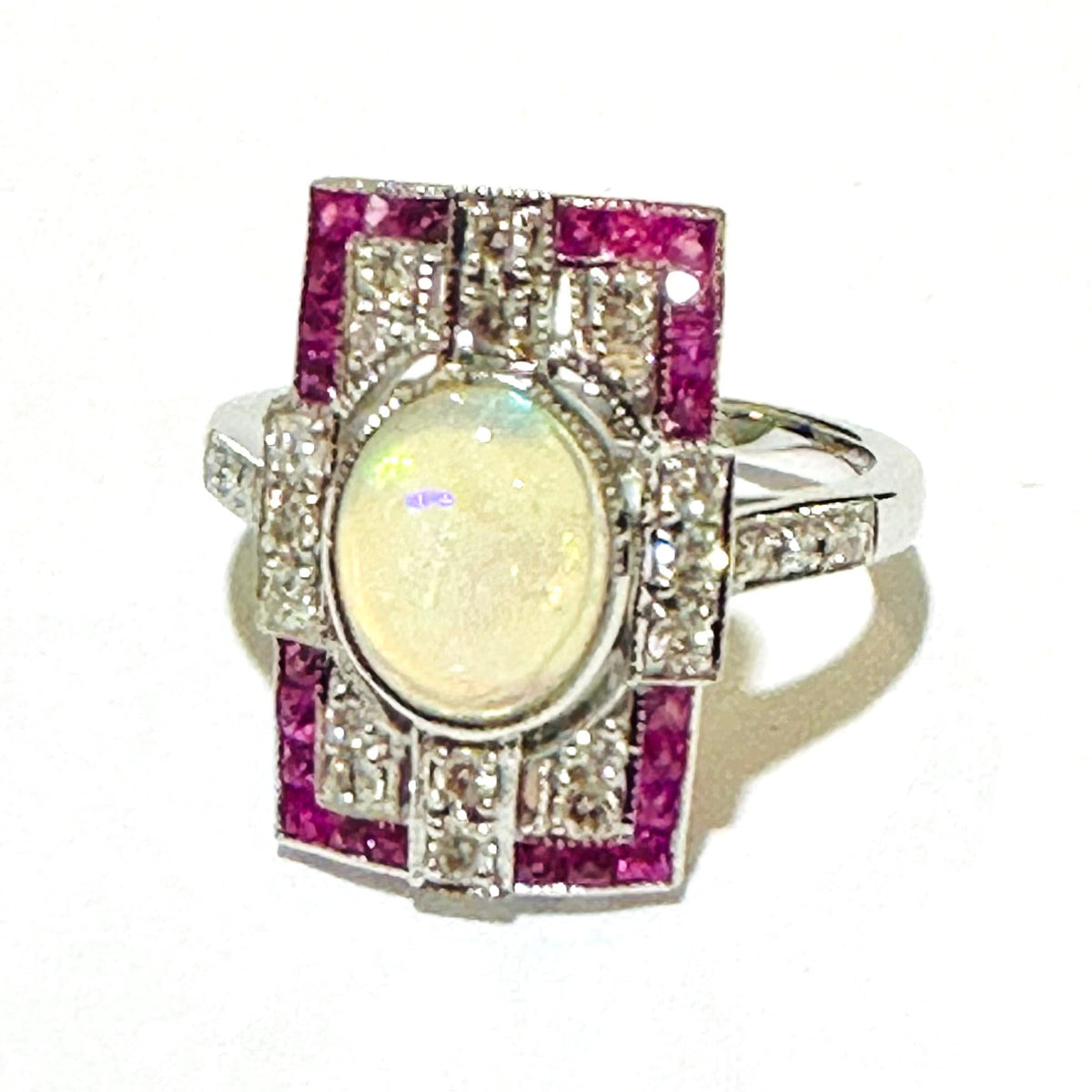 Opal, Ruby and Diamond 9ct White Gold Ring