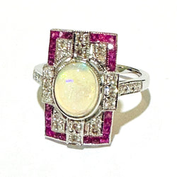 Opal, Ruby and Diamond 9ct White Gold Ring