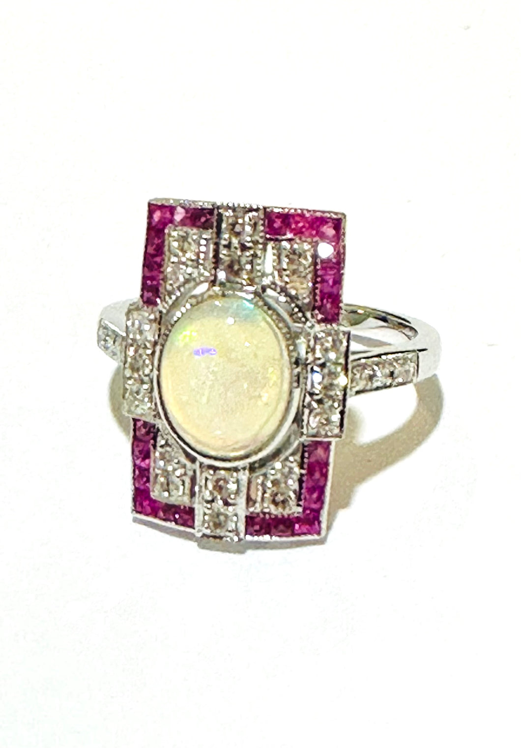 Opal, Ruby and Diamond 9ct White Gold Ring