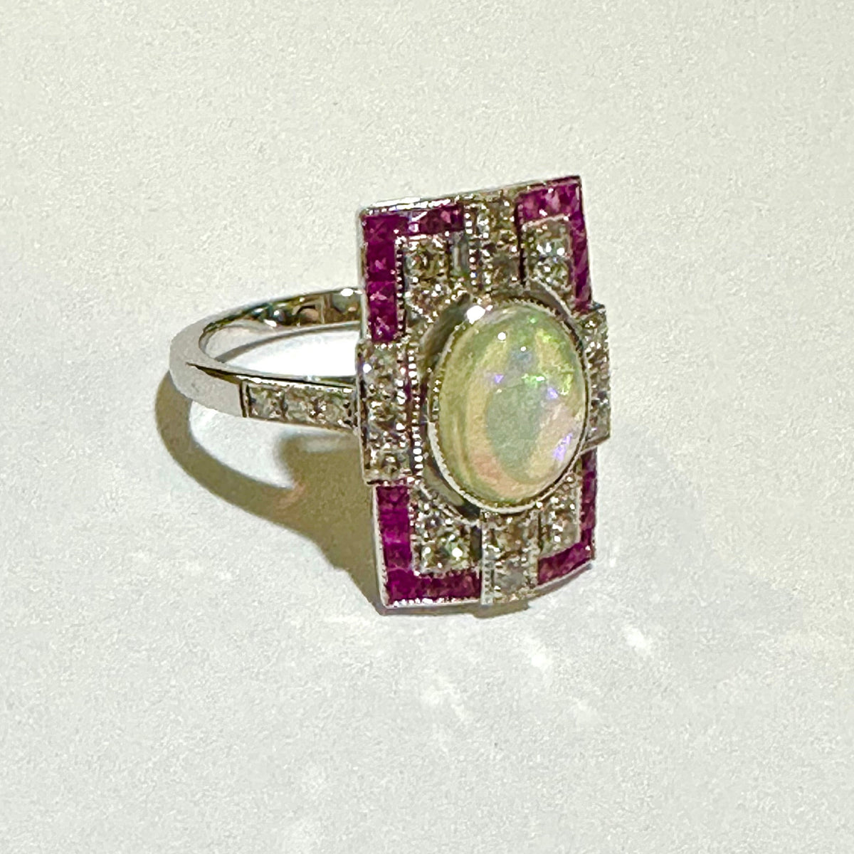 Opal, Ruby and Diamond 9ct White Gold Ring