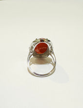 Coral, Diamond and Red Enamel 9ct White Gold Ring