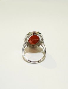 Coral, Diamond and Red Enamel 9ct White Gold Ring