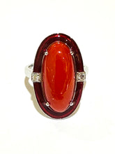 Coral, Diamond and Red Enamel 9ct White Gold Ring