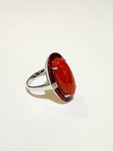 Coral, Diamond and Red Enamel 9ct White Gold Ring