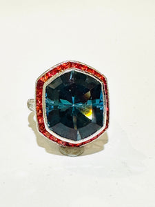 Blue Topaz, Orange Sapphire and Diamond 9ct White Gold Ring