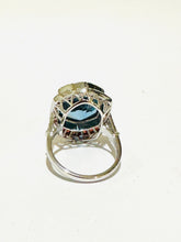 Blue Topaz, Orange Sapphire and Diamond 9ct White Gold Ring