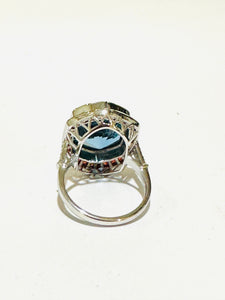 Blue Topaz, Orange Sapphire and Diamond 9ct White Gold Ring