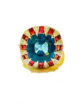 Blue Topaz, Orange Sapphire and Diamond Cushion Cut 9ct Gold White Gold Ring