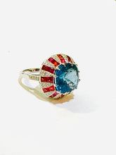 Blue Topaz, Orange Sapphire and Diamond Cushion Cut 9ct Gold White Gold Ring