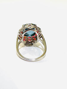 Blue Topaz, Orange Sapphire and Diamond Cushion Cut 9ct Gold White Gold Ring