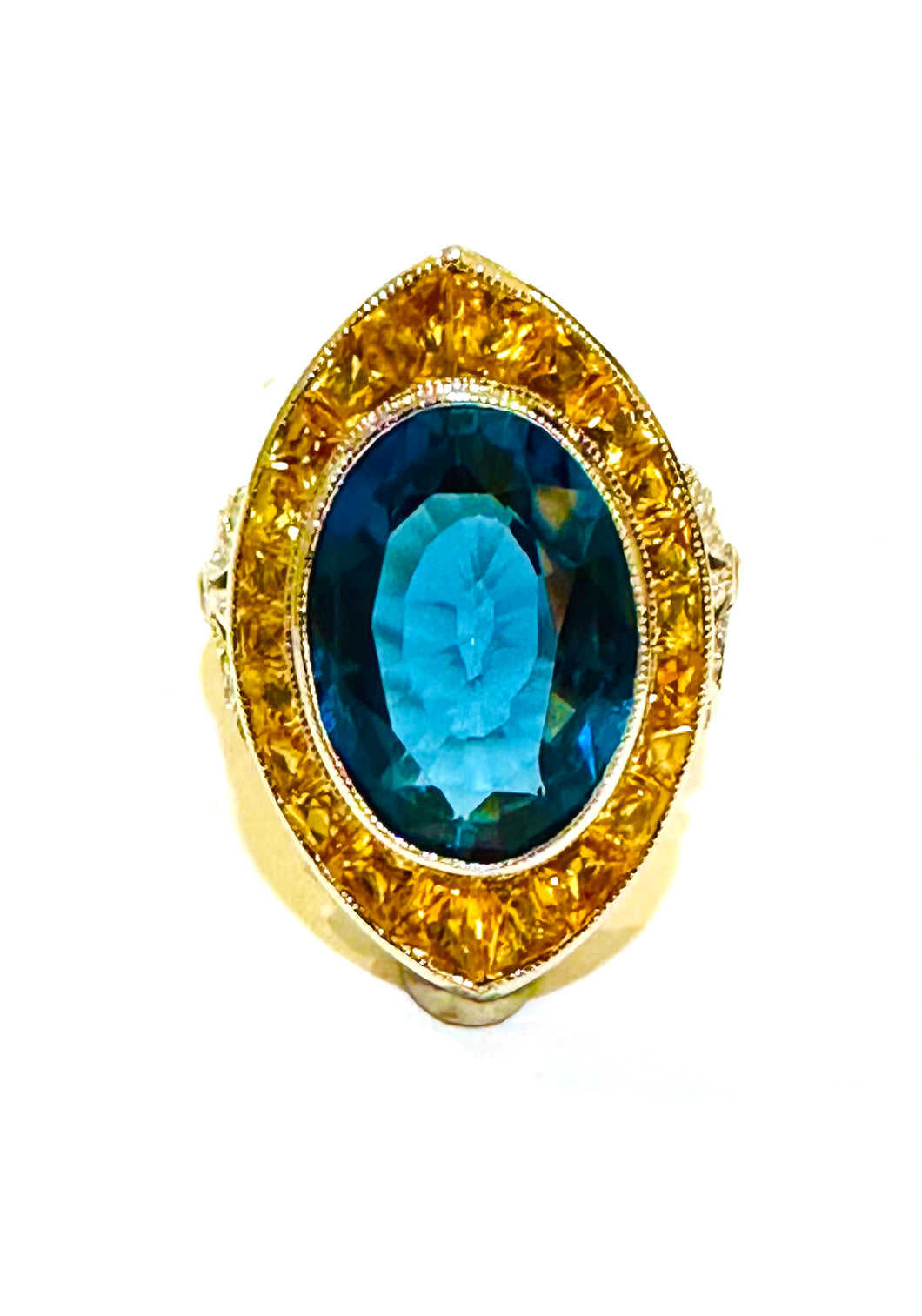 Blue Topaz, Yellow Sapphire and Diamond 9ct Yellow Gold Ring