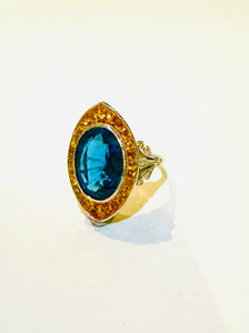 Blue Topaz, Yellow Sapphire and Diamond 9ct Yellow Gold Ring